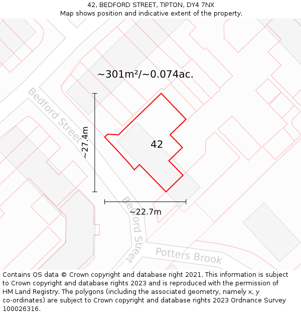 42, BEDFORD STREET, TIPTON, DY4 7NX: Plot and title map