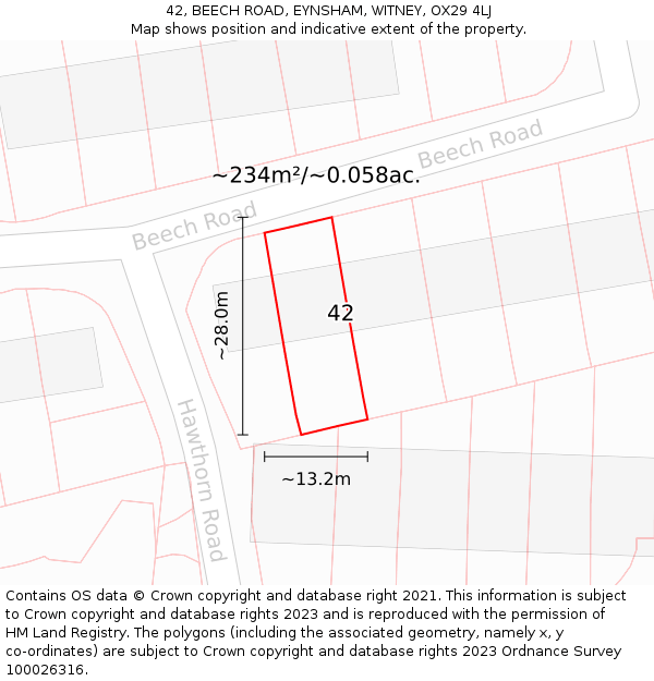 42, BEECH ROAD, EYNSHAM, WITNEY, OX29 4LJ: Plot and title map