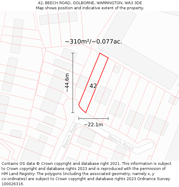 42, BEECH ROAD, GOLBORNE, WARRINGTON, WA3 3DE: Plot and title map