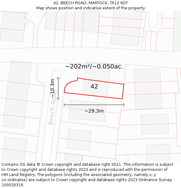 42, BEECH ROAD, MARTOCK, TA12 6DT: Plot and title map