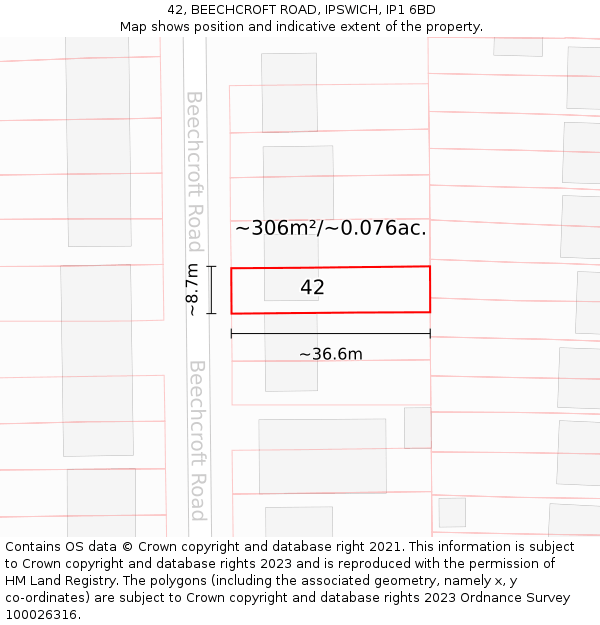 42, BEECHCROFT ROAD, IPSWICH, IP1 6BD: Plot and title map