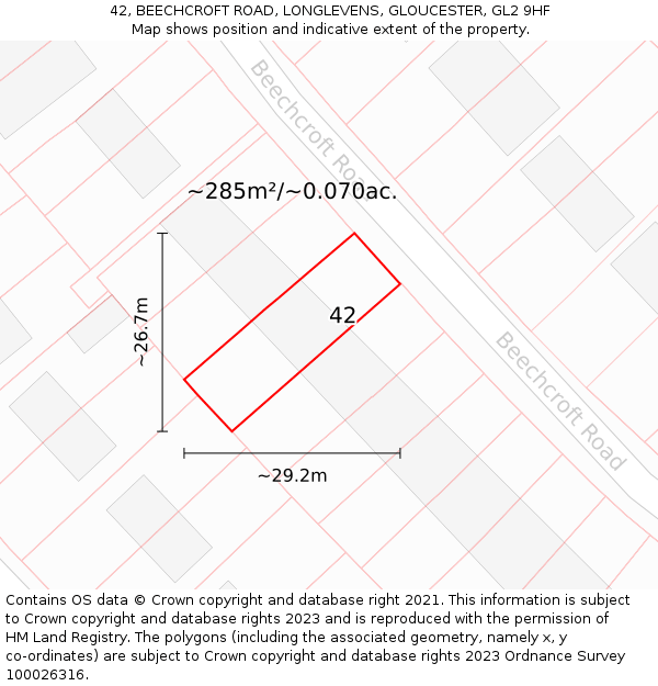 42, BEECHCROFT ROAD, LONGLEVENS, GLOUCESTER, GL2 9HF: Plot and title map
