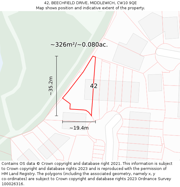 42, BEECHFIELD DRIVE, MIDDLEWICH, CW10 9QE: Plot and title map