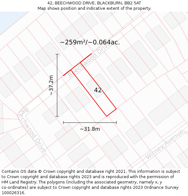 42, BEECHWOOD DRIVE, BLACKBURN, BB2 5AT: Plot and title map
