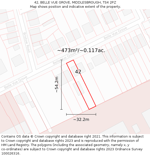 42, BELLE VUE GROVE, MIDDLESBROUGH, TS4 2PZ: Plot and title map