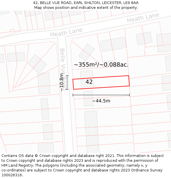42, BELLE VUE ROAD, EARL SHILTON, LEICESTER, LE9 8AA: Plot and title map