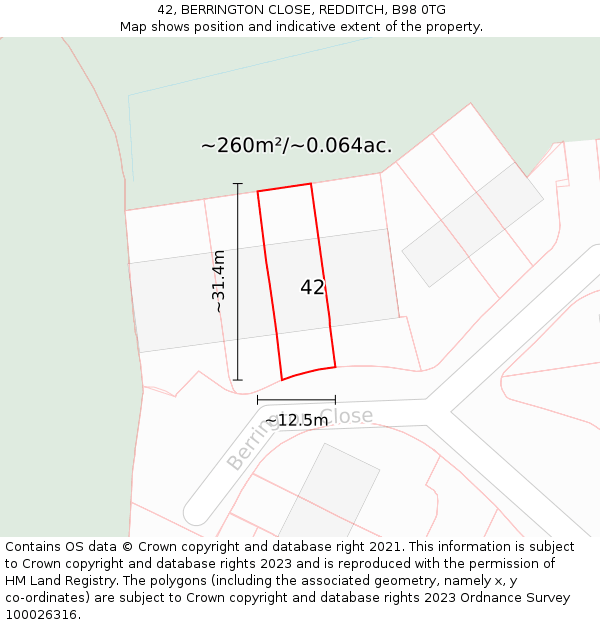 42, BERRINGTON CLOSE, REDDITCH, B98 0TG: Plot and title map