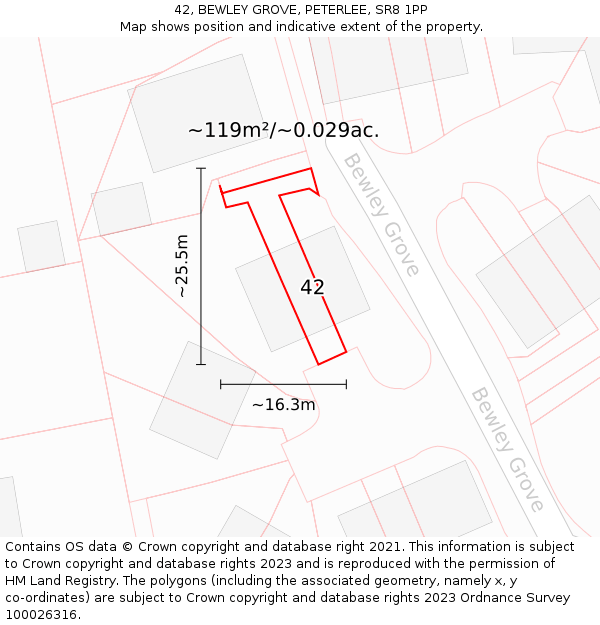 42, BEWLEY GROVE, PETERLEE, SR8 1PP: Plot and title map