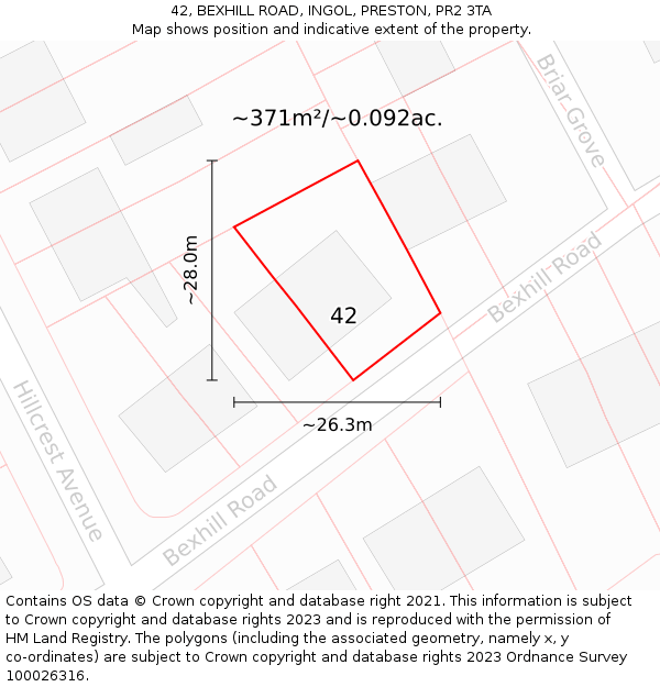 42, BEXHILL ROAD, INGOL, PRESTON, PR2 3TA: Plot and title map