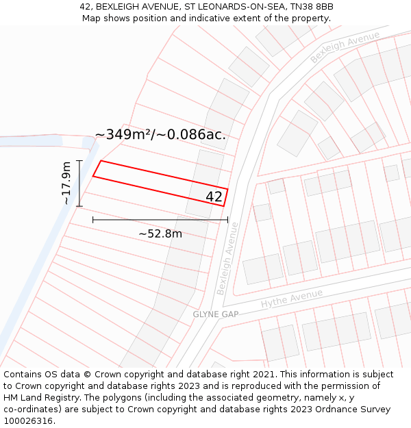 42, BEXLEIGH AVENUE, ST LEONARDS-ON-SEA, TN38 8BB: Plot and title map