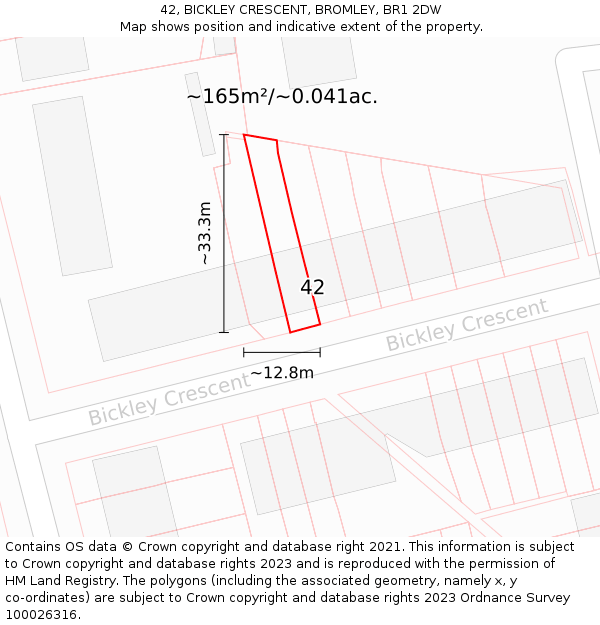 42, BICKLEY CRESCENT, BROMLEY, BR1 2DW: Plot and title map
