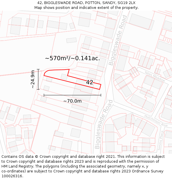 42, BIGGLESWADE ROAD, POTTON, SANDY, SG19 2LX: Plot and title map