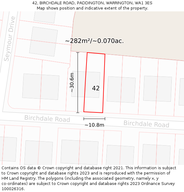 42, BIRCHDALE ROAD, PADDINGTON, WARRINGTON, WA1 3ES: Plot and title map