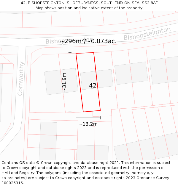 42, BISHOPSTEIGNTON, SHOEBURYNESS, SOUTHEND-ON-SEA, SS3 8AF: Plot and title map