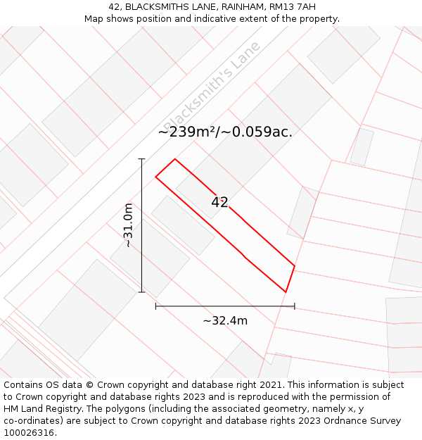 42, BLACKSMITHS LANE, RAINHAM, RM13 7AH: Plot and title map