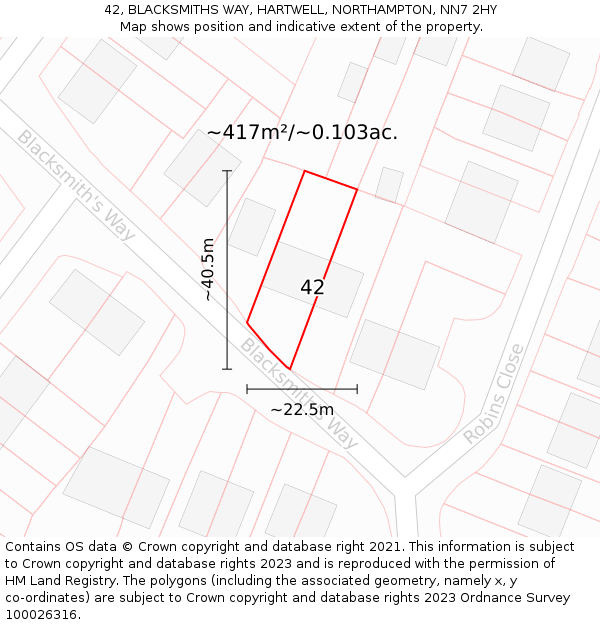 42, BLACKSMITHS WAY, HARTWELL, NORTHAMPTON, NN7 2HY: Plot and title map