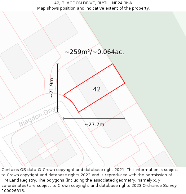 42, BLAGDON DRIVE, BLYTH, NE24 3NA: Plot and title map