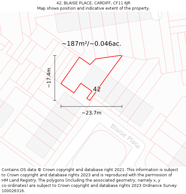 42, BLAISE PLACE, CARDIFF, CF11 6JR: Plot and title map