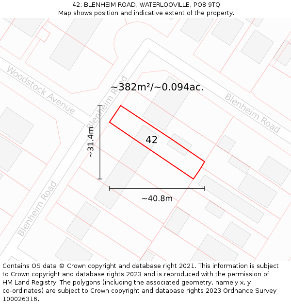 42, BLENHEIM ROAD, WATERLOOVILLE, PO8 9TQ: Plot and title map