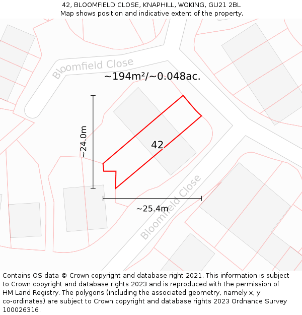 42, BLOOMFIELD CLOSE, KNAPHILL, WOKING, GU21 2BL: Plot and title map