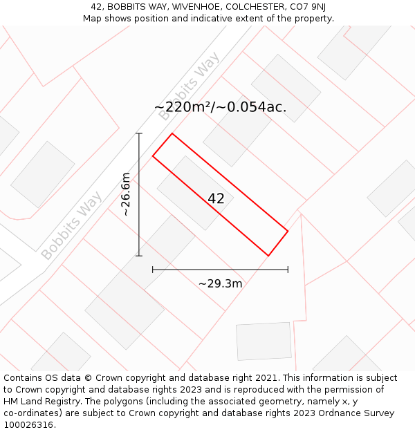 42, BOBBITS WAY, WIVENHOE, COLCHESTER, CO7 9NJ: Plot and title map