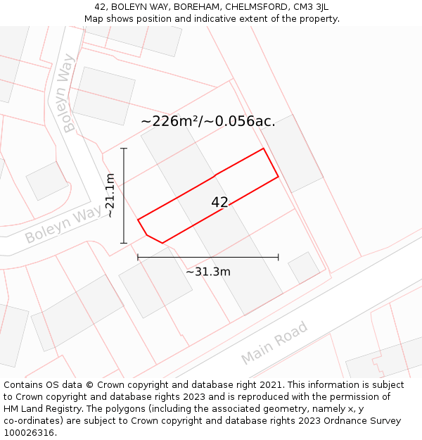 42, BOLEYN WAY, BOREHAM, CHELMSFORD, CM3 3JL: Plot and title map