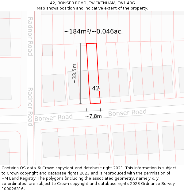 42, BONSER ROAD, TWICKENHAM, TW1 4RG: Plot and title map