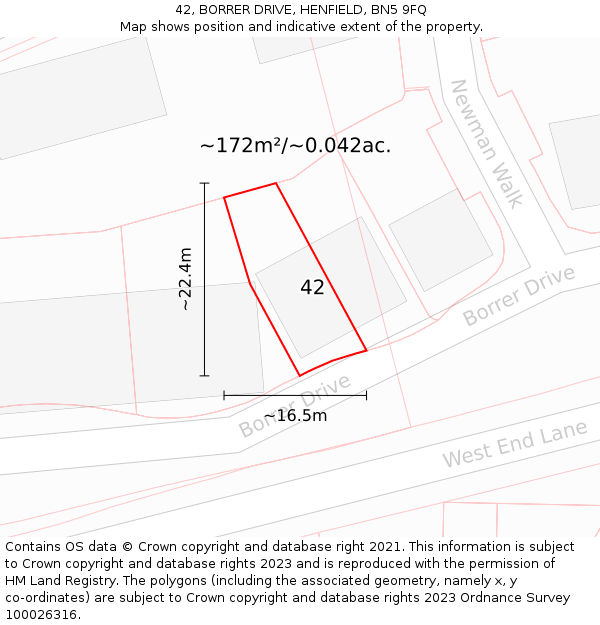 42, BORRER DRIVE, HENFIELD, BN5 9FQ: Plot and title map