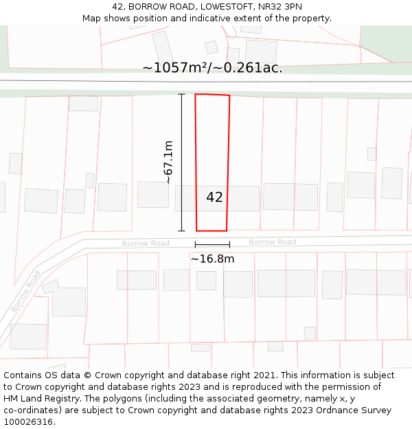 42, BORROW ROAD, LOWESTOFT, NR32 3PN: Plot and title map