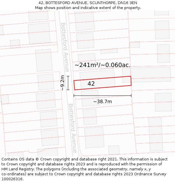 42, BOTTESFORD AVENUE, SCUNTHORPE, DN16 3EN: Plot and title map