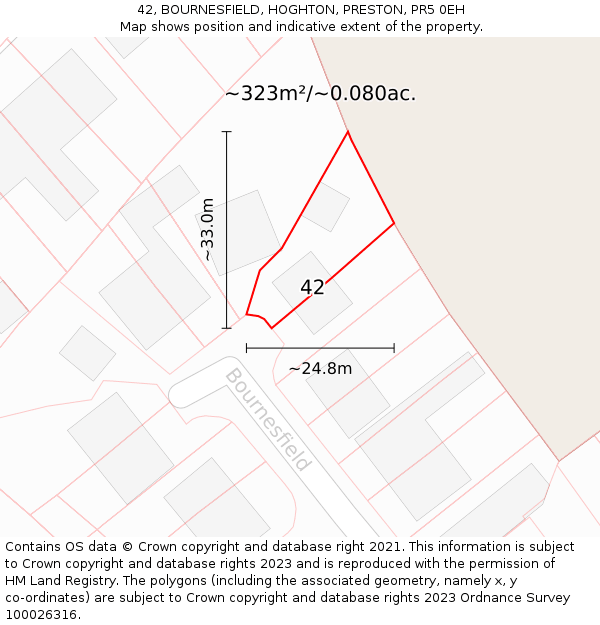 42, BOURNESFIELD, HOGHTON, PRESTON, PR5 0EH: Plot and title map