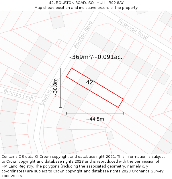 42, BOURTON ROAD, SOLIHULL, B92 8AY: Plot and title map