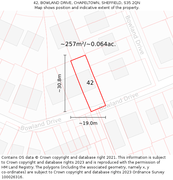 42, BOWLAND DRIVE, CHAPELTOWN, SHEFFIELD, S35 2QN: Plot and title map
