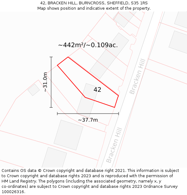 42, BRACKEN HILL, BURNCROSS, SHEFFIELD, S35 1RS: Plot and title map