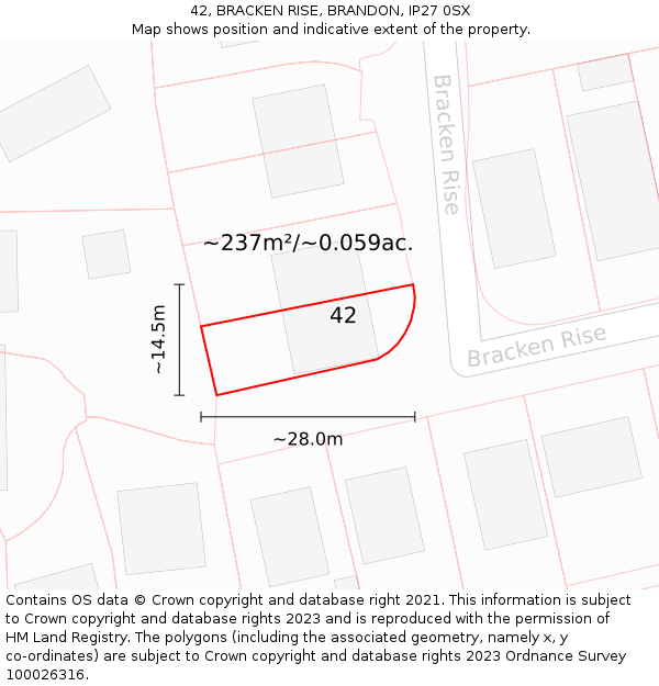 42, BRACKEN RISE, BRANDON, IP27 0SX: Plot and title map