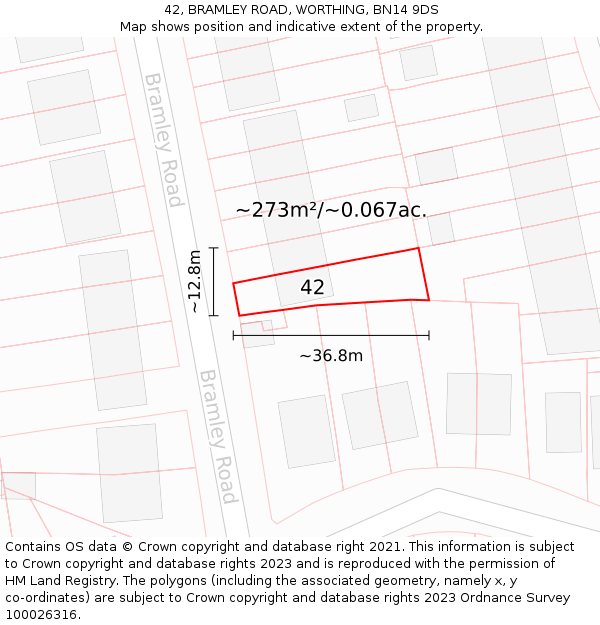 42, BRAMLEY ROAD, WORTHING, BN14 9DS: Plot and title map