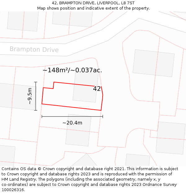 42, BRAMPTON DRIVE, LIVERPOOL, L8 7ST: Plot and title map