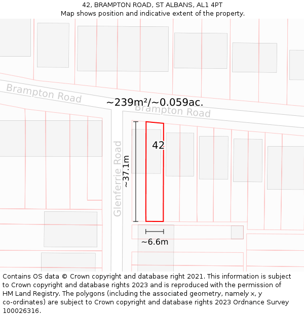 42, BRAMPTON ROAD, ST ALBANS, AL1 4PT: Plot and title map