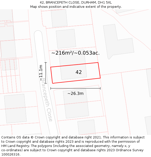42, BRANCEPETH CLOSE, DURHAM, DH1 5XL: Plot and title map