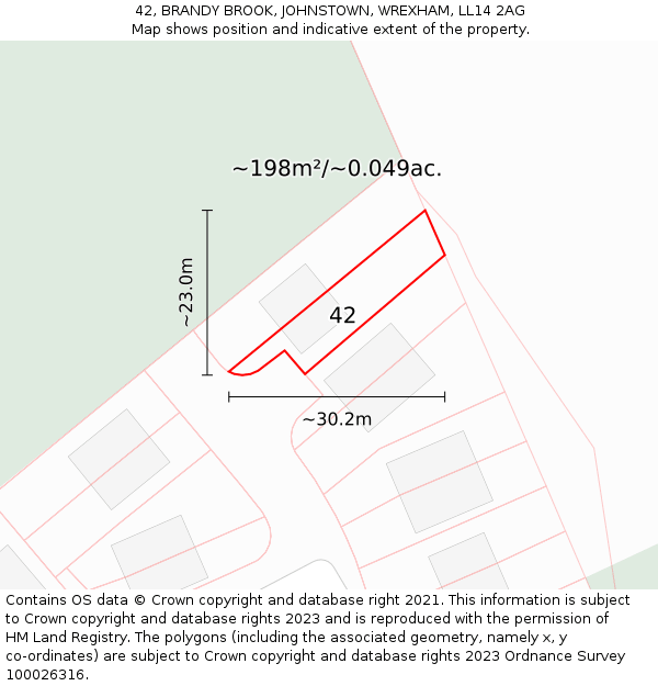 42, BRANDY BROOK, JOHNSTOWN, WREXHAM, LL14 2AG: Plot and title map