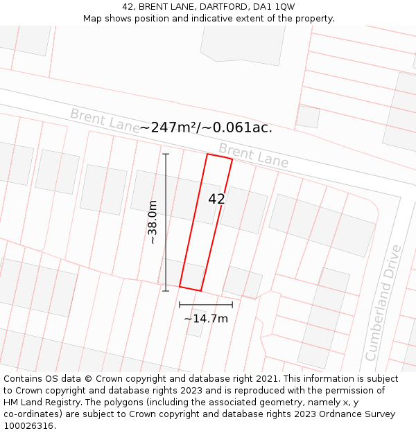 42, BRENT LANE, DARTFORD, DA1 1QW: Plot and title map