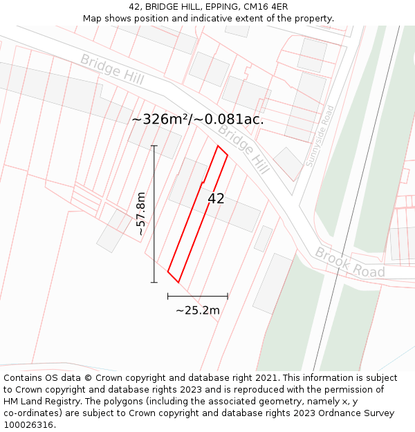42, BRIDGE HILL, EPPING, CM16 4ER: Plot and title map
