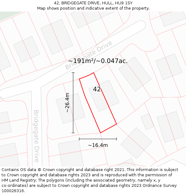 42, BRIDGEGATE DRIVE, HULL, HU9 1SY: Plot and title map