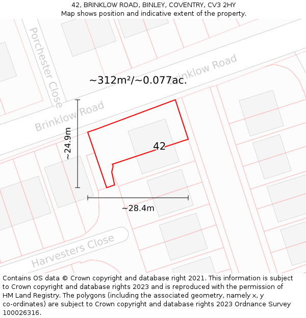 42, BRINKLOW ROAD, BINLEY, COVENTRY, CV3 2HY: Plot and title map