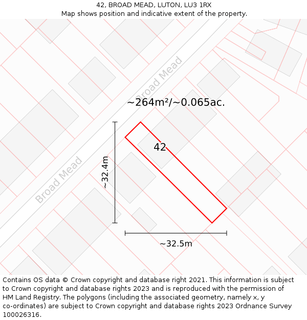 42, BROAD MEAD, LUTON, LU3 1RX: Plot and title map