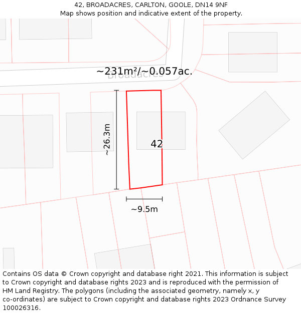 42, BROADACRES, CARLTON, GOOLE, DN14 9NF: Plot and title map