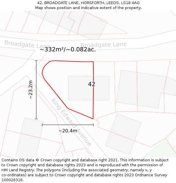 42, BROADGATE LANE, HORSFORTH, LEEDS, LS18 4AG: Plot and title map