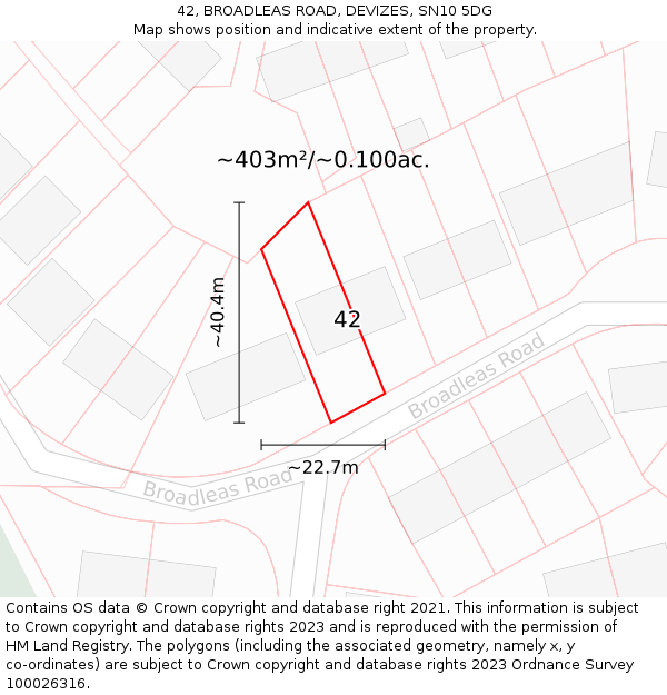 42, BROADLEAS ROAD, DEVIZES, SN10 5DG: Plot and title map
