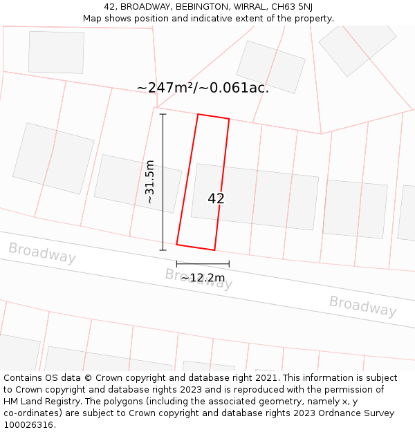 42, BROADWAY, BEBINGTON, WIRRAL, CH63 5NJ: Plot and title map