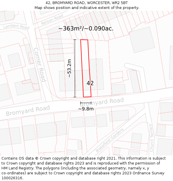 42, BROMYARD ROAD, WORCESTER, WR2 5BT: Plot and title map